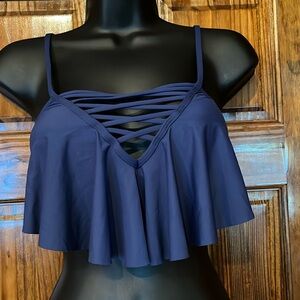 Navy Lace Up Ruffle Bikini Top